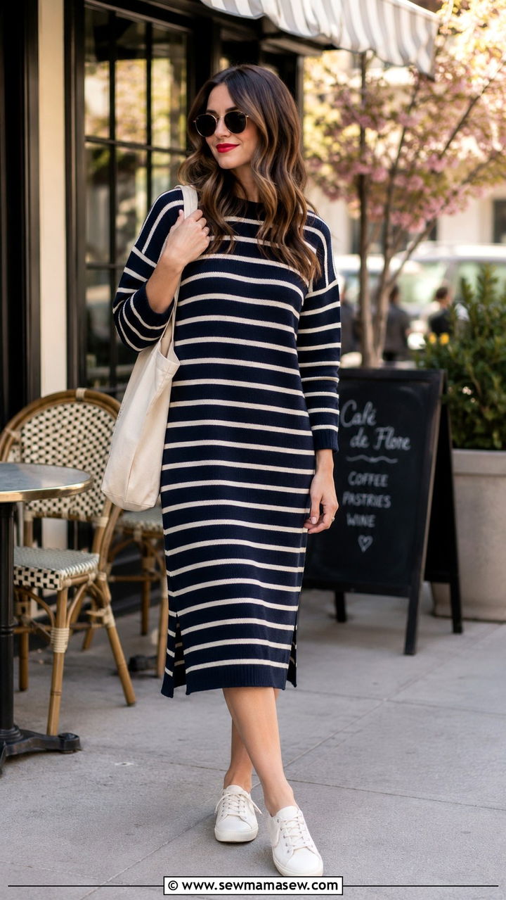 Sweater Dress In A Striped Pattern With Canvas Sneakers - 30 How to style a sweater dress in spring