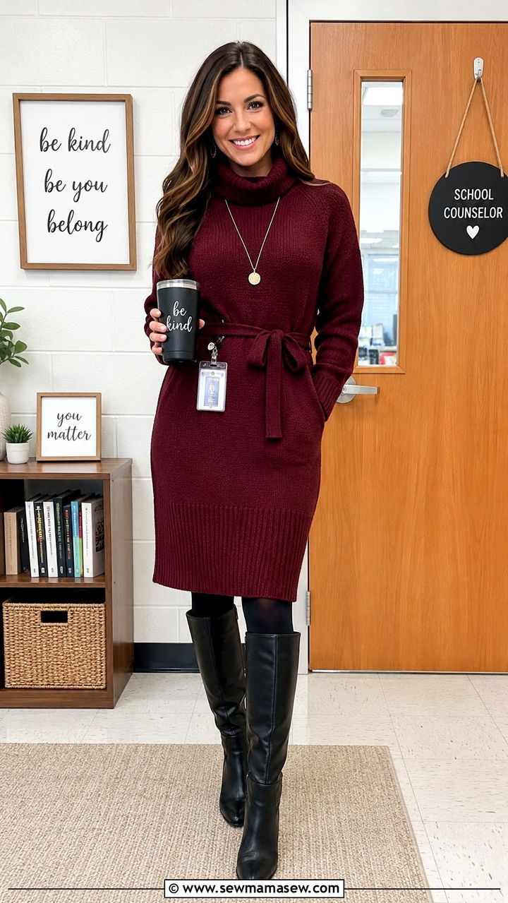 Sweater Dress Opaque Tights Knee High Boots - 30 School counselor outfit ideas