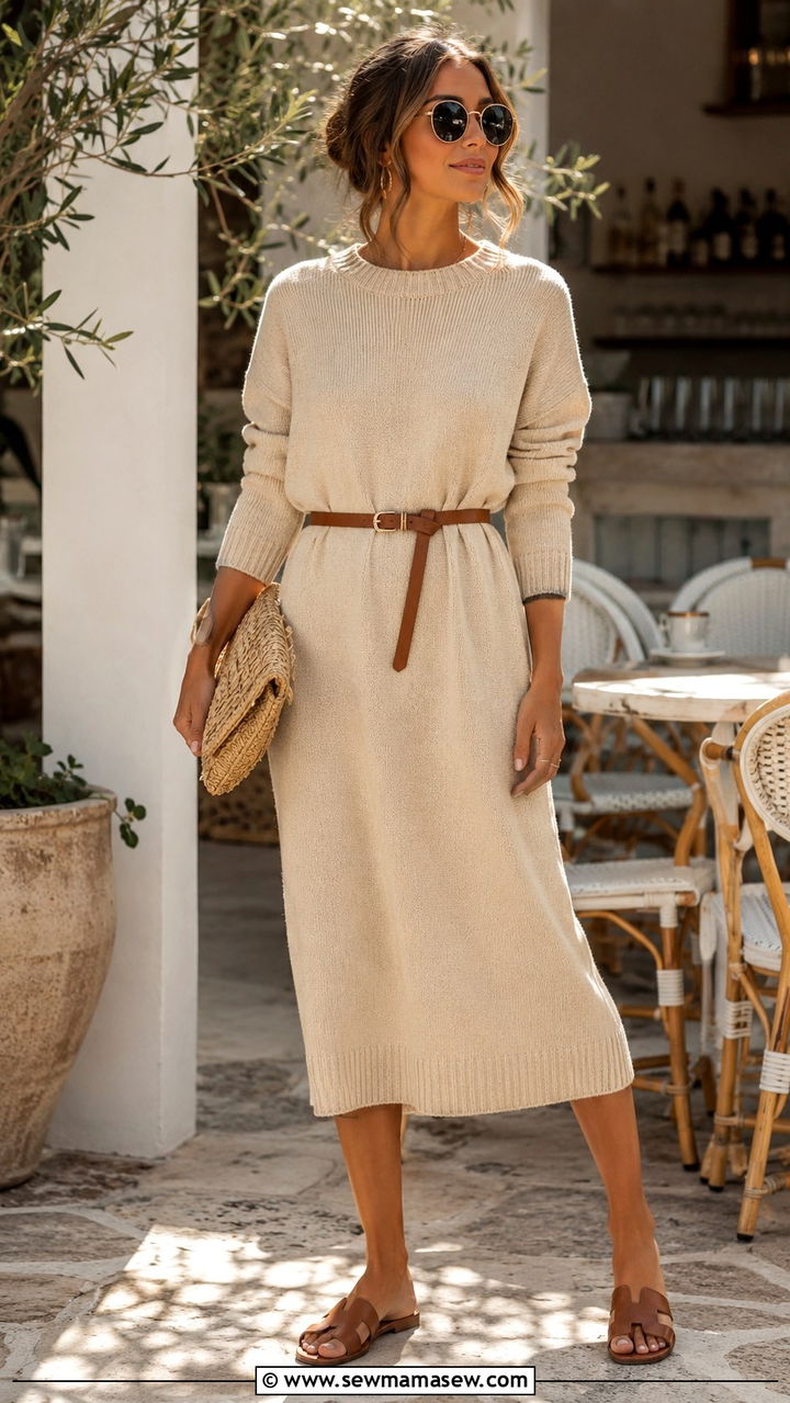 Sweater Dress With A Belt And Slide Sandals - 30 How to style a sweater dress in summer