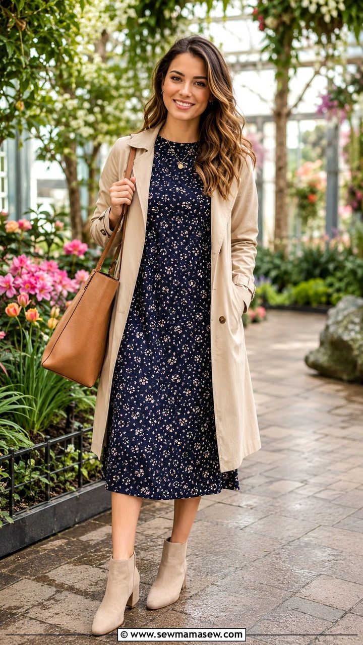 Sweater Dress With A Floral Print And Neutral Accessories - 30 How to style a sweater dress in spring