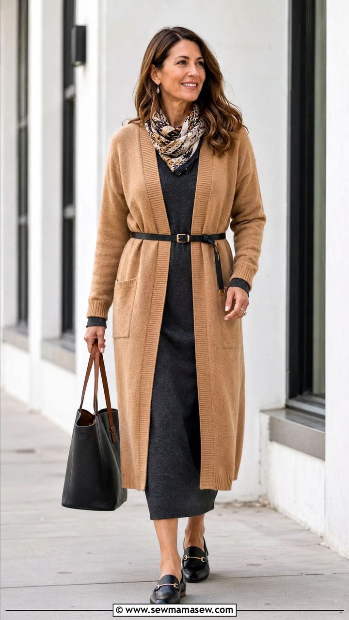 Sweater Dress With A Long Cardigan And Loafers - 30 sweater dress outfits for women over 40