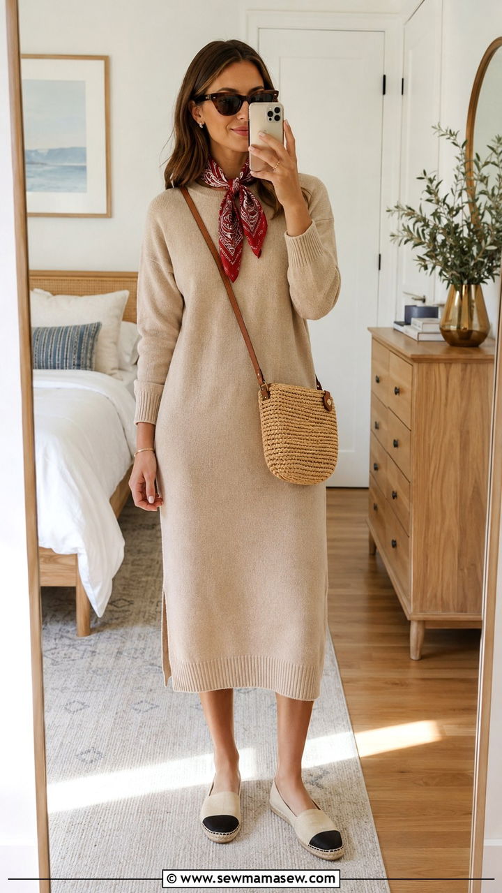 Sweater Dress With A Printed Bandana Scarf - 30 How to style a sweater dress in summer