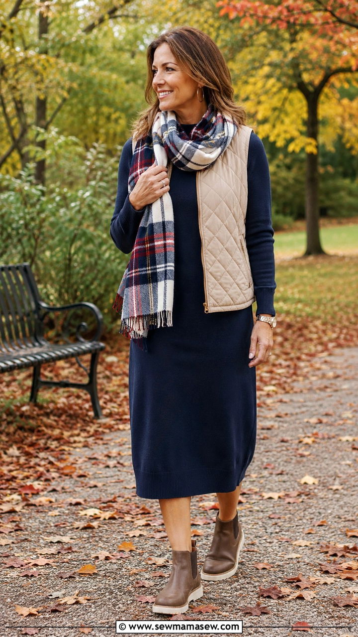 Sweater Dress With A Quilted Vest And Weatherproof Boots - 30 sweater dress outfits for women over 40