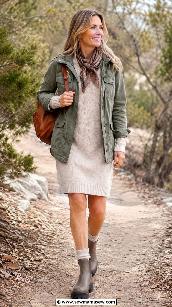 Sweater Dress With A Utility Jacket And Lug Sole Boots - 30 sweater dress outfits for women over 40
