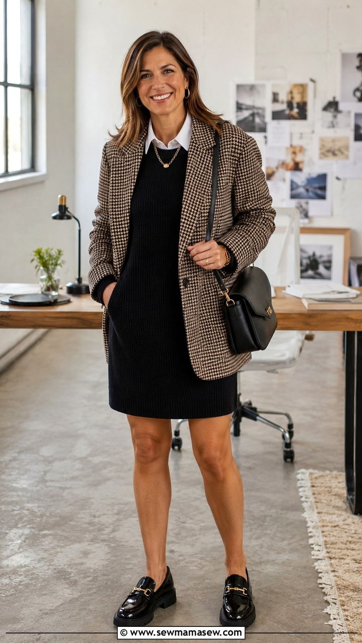 Sweater Dress With An Oversized Blazer And Loafers - 30 sweater dress outfits for women over 40