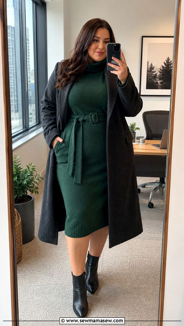 Sweater Dress With Belt And Ankle Boots - 30 Plus size office outfits