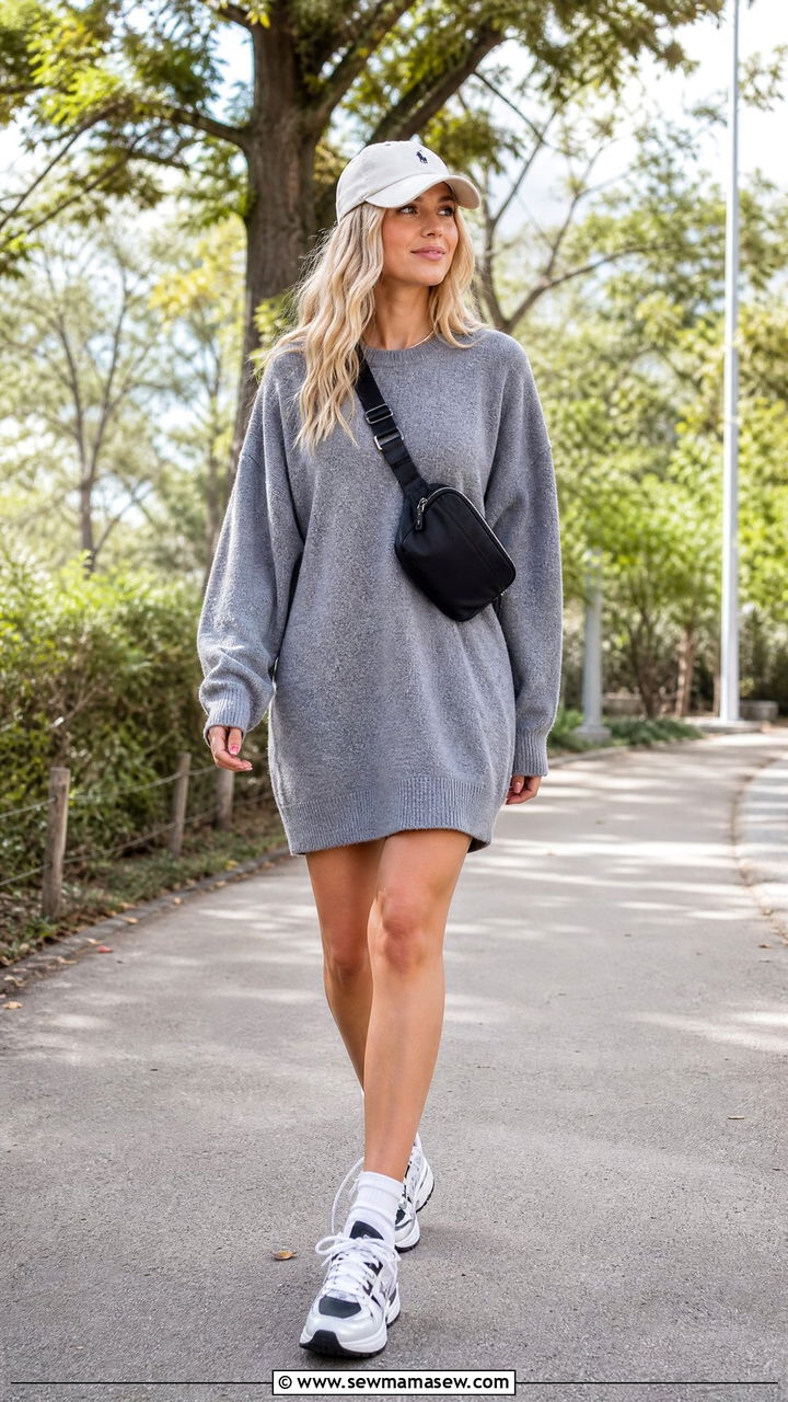 Sweater Dress With Chunky Sneakers And Baseball Cap - 30 How to style a sweater dress in spring