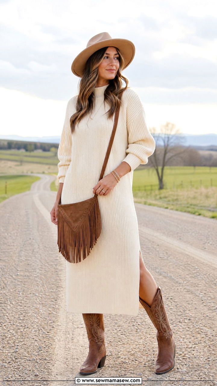 Sweater Dress With Cowboy Boots And A Fringed Crossbody - 30 How to style a sweater dress in spring
