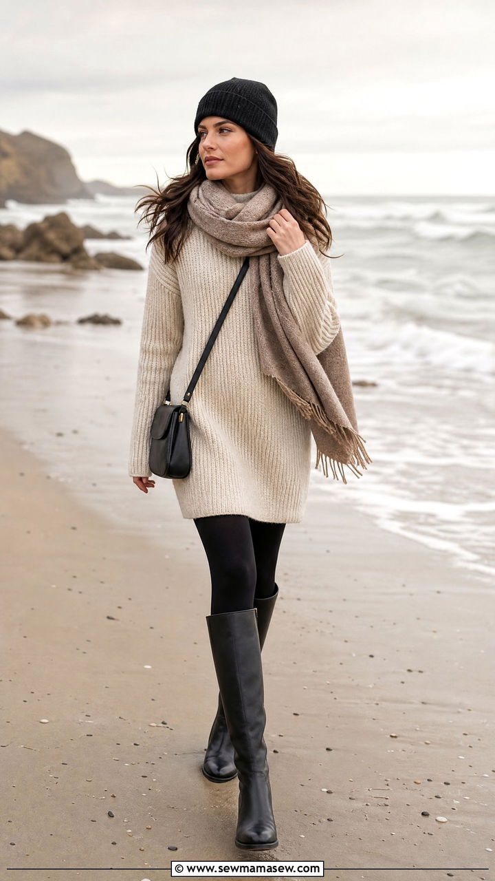 Sweater Dress With Knee High Boots - 25 Beach walk outfit ideas