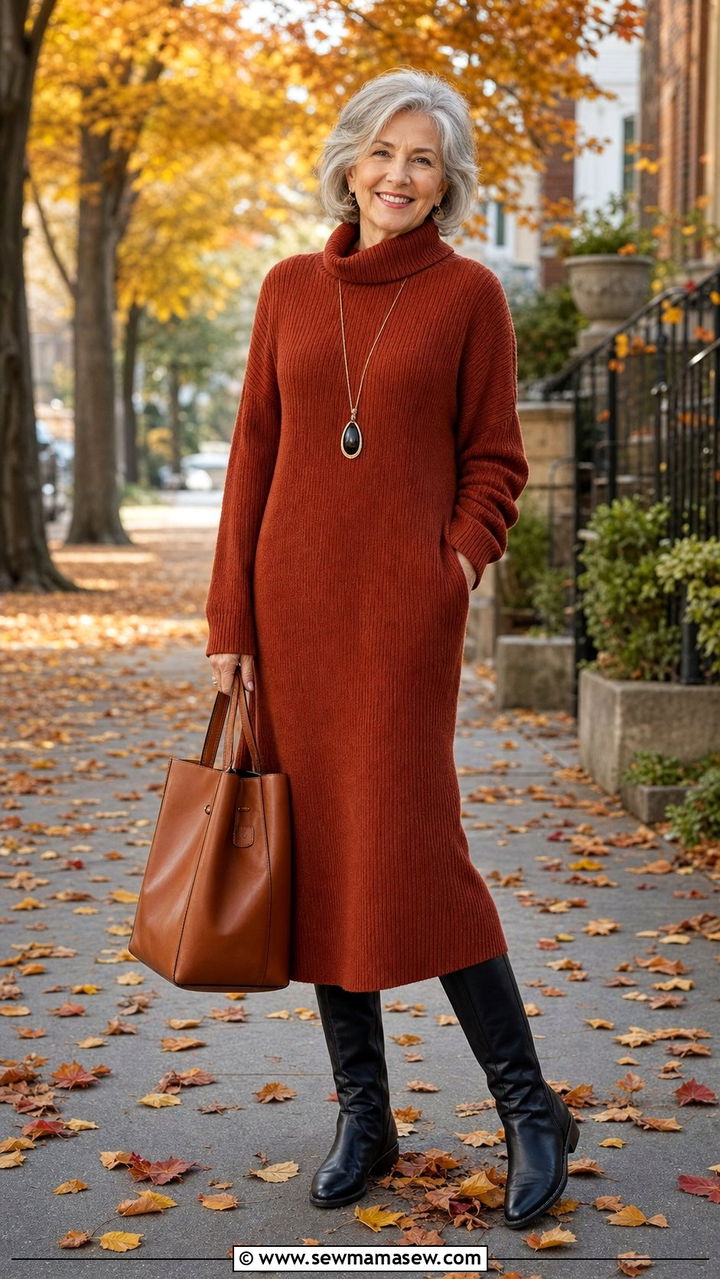 Sweater Dress With Knee High Boots - 25 Cute outfits for women over 60