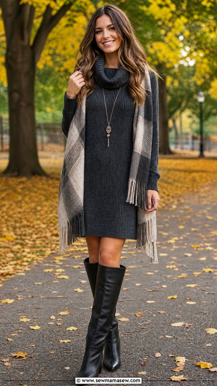 Sweater Dress With Knee High Boots - 20 outfit ideas for women with tummy