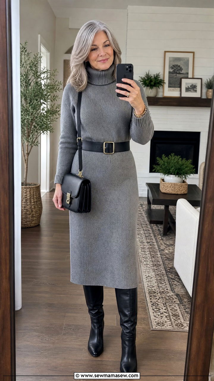 Sweater Dress With Knee High Boots - 30 Modest outfits for women over 50