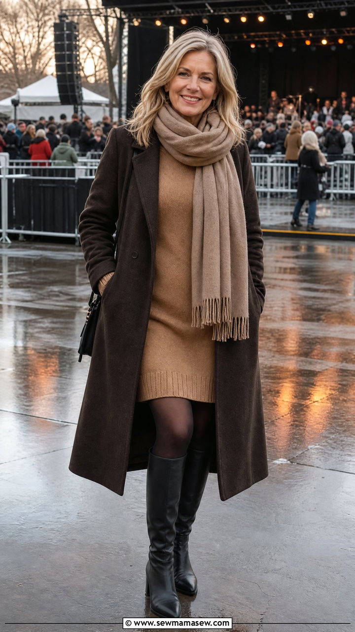 Sweater Dress With Knee High Boots - 30 Concert outfit ideas for women over 50