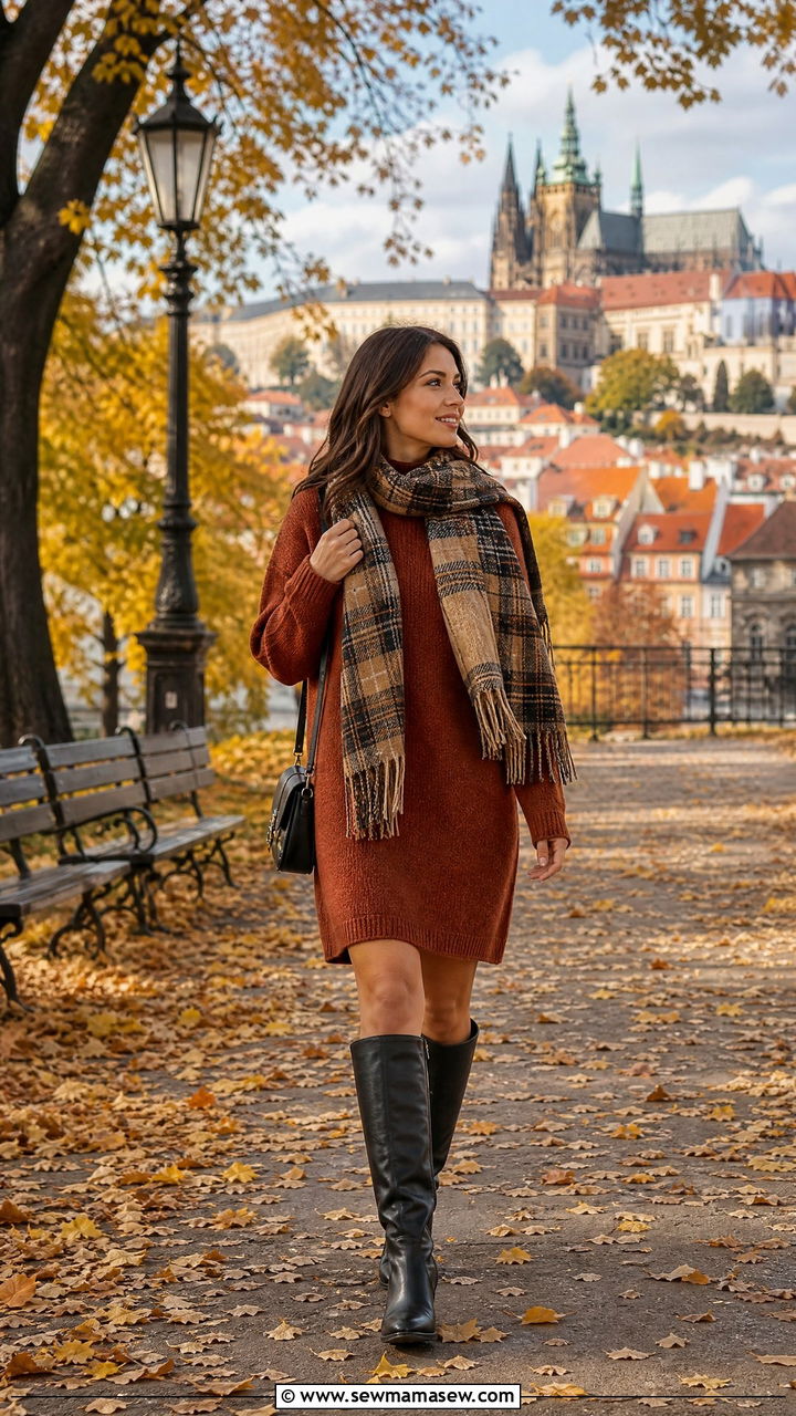 Sweater Dress With Knee High Boots And Scarf For Prague Fall - 40 What to wear in Prague
