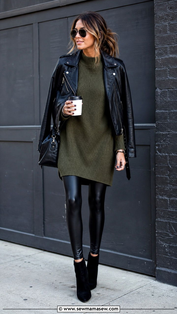 Sweater Dress With Leather Jacket And Leggings - 40 sweater dress outfit ideas