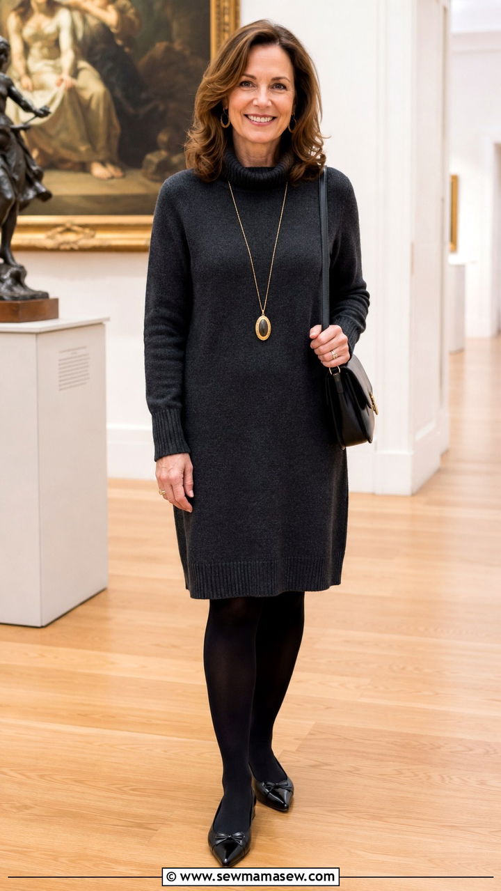 Sweater Dress With Opaque Tights And Ballet Flats - 30 sweater dress outfits for women over 40