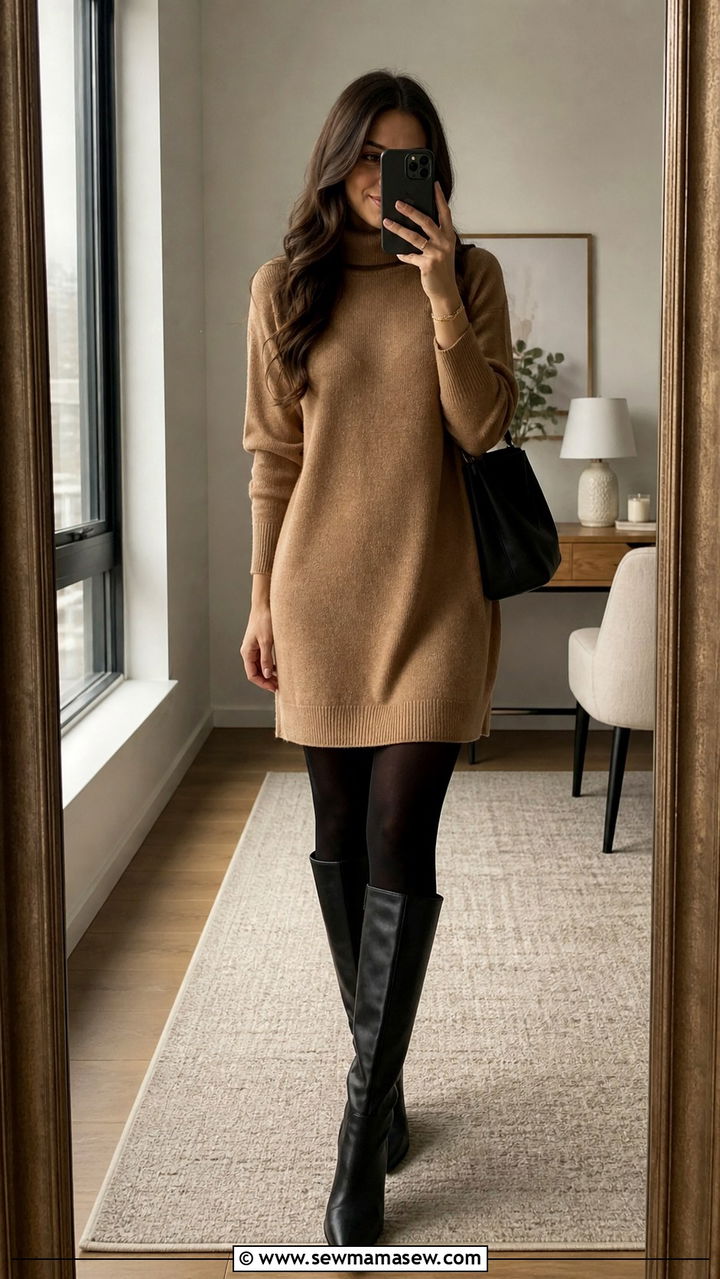 Sweater Dress With Opaque Tights And Knee High Boots - 40 casual work outfits