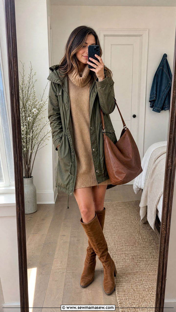 Sweater Dress With Parka and Knee High Boots - 25 Spring outfits with parka