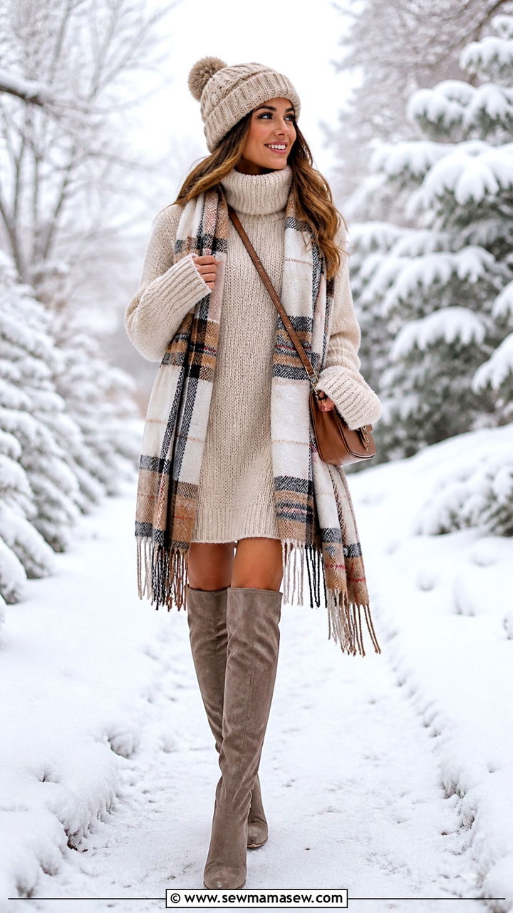 Sweater Dress With Scarf And Boots Outfit - 40 dress outfits