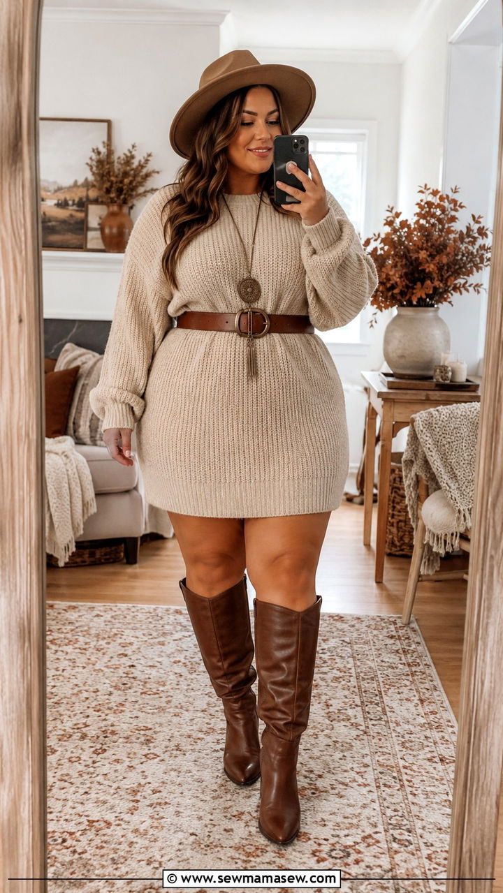 Sweater Dress With Tall Boots - 30 Boho outfit ideas plus size