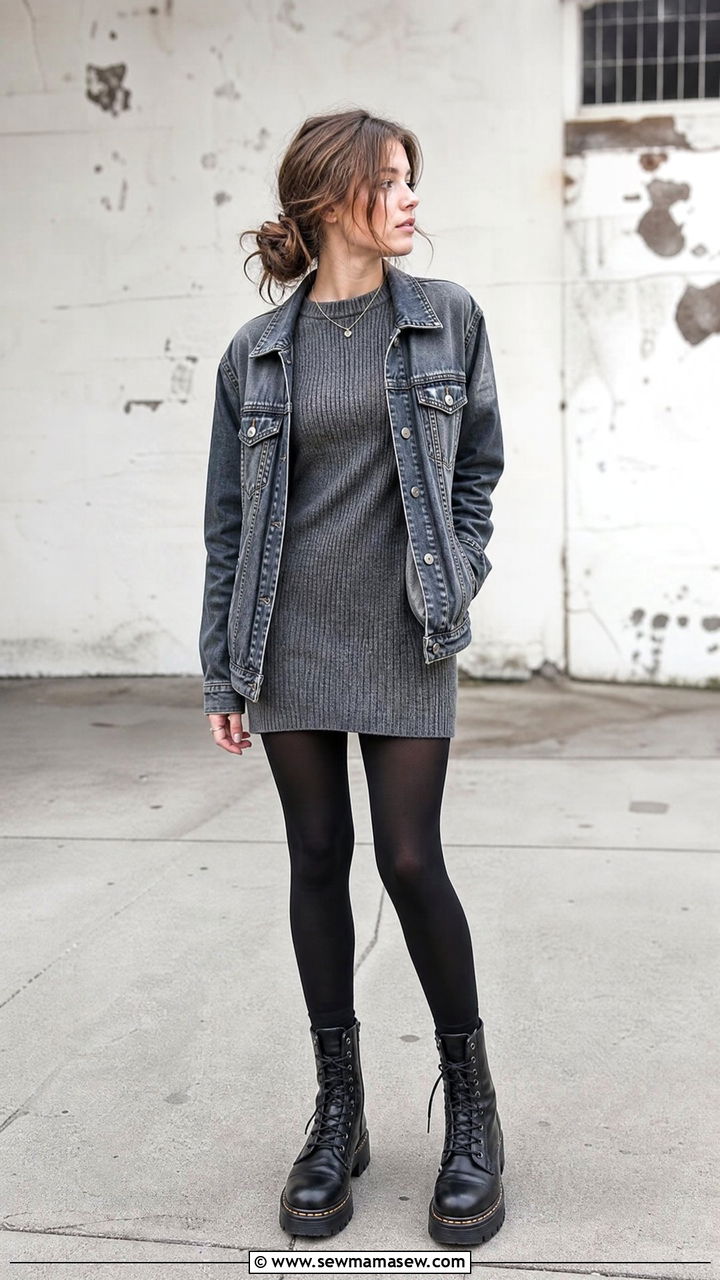 Sweater Dress With Tights And Combat Boots Outfit For Middle School - 25 First day of middle school outfit ideas
