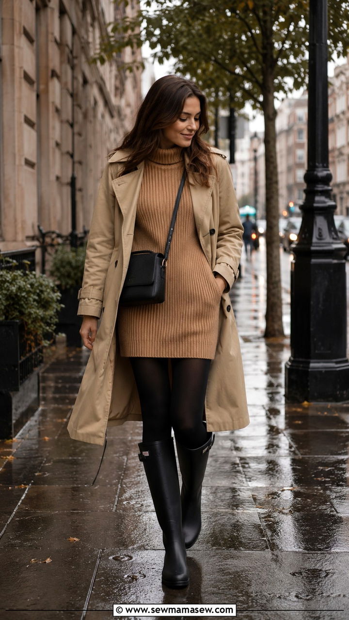 Sweater Dress With Tights and Rain Boots - 30 Rainy day school outfit ideas