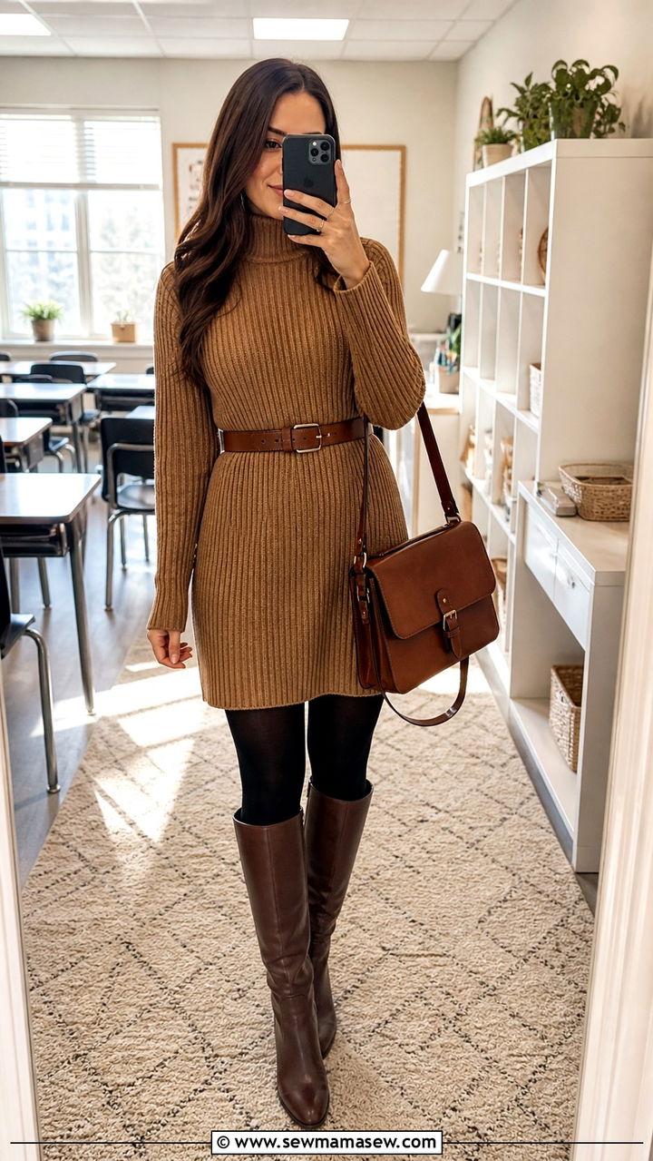 Sweater Dress and Boots Teacher Outfit - 40 Teacher outfit ideas