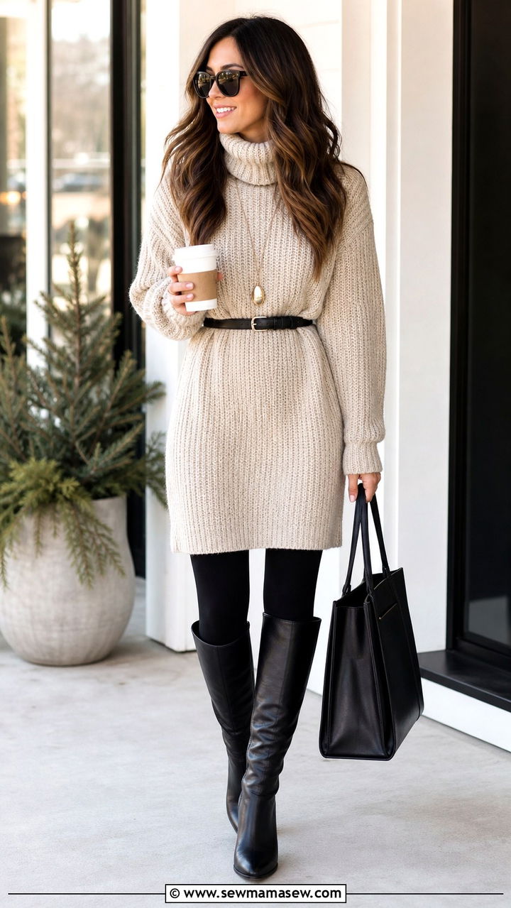 Sweater Dress and Leggings with Knee High Boots Outfit - 40 running errands outfit ideas