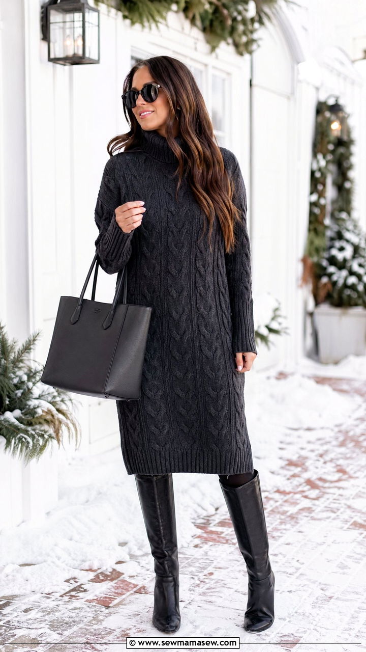 Sweater Dress and Opaque Tights with Knee High Boots - 35 errands outfits for women