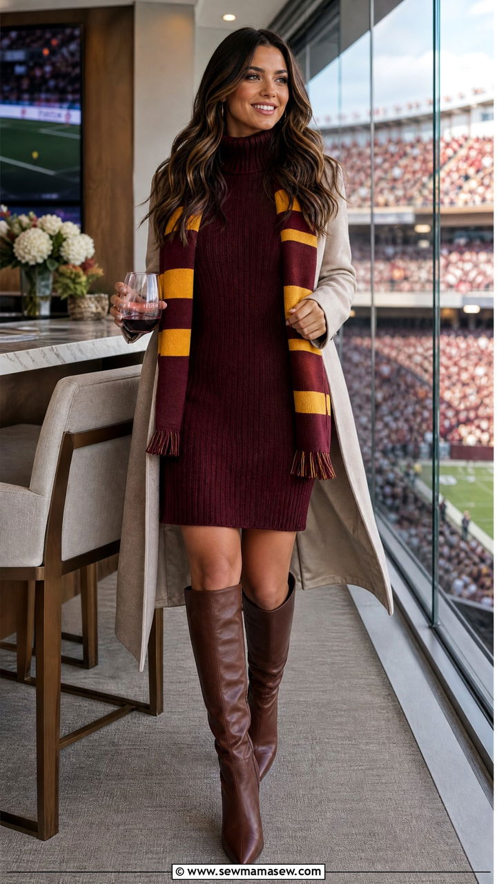 Sweater Dress in Team Color with Knee High Boots - 25 Gameday outfit ideas NFL