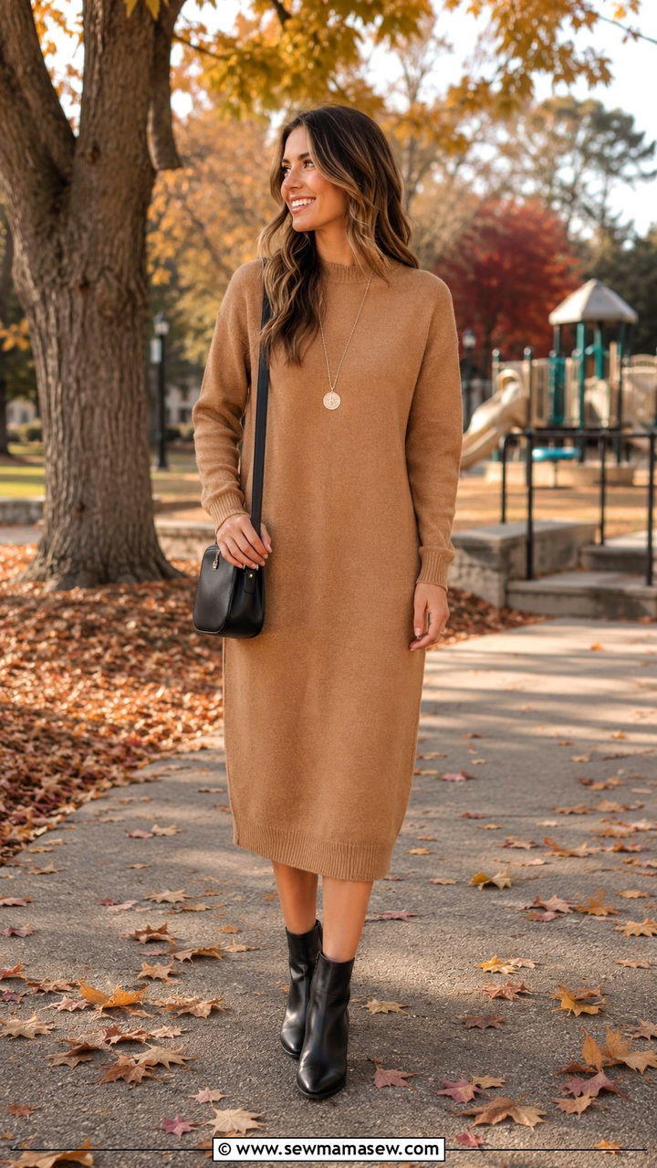 Sweater Dress with Ankle Boots and Crossbody - 25 Playground outfit ideas for moms