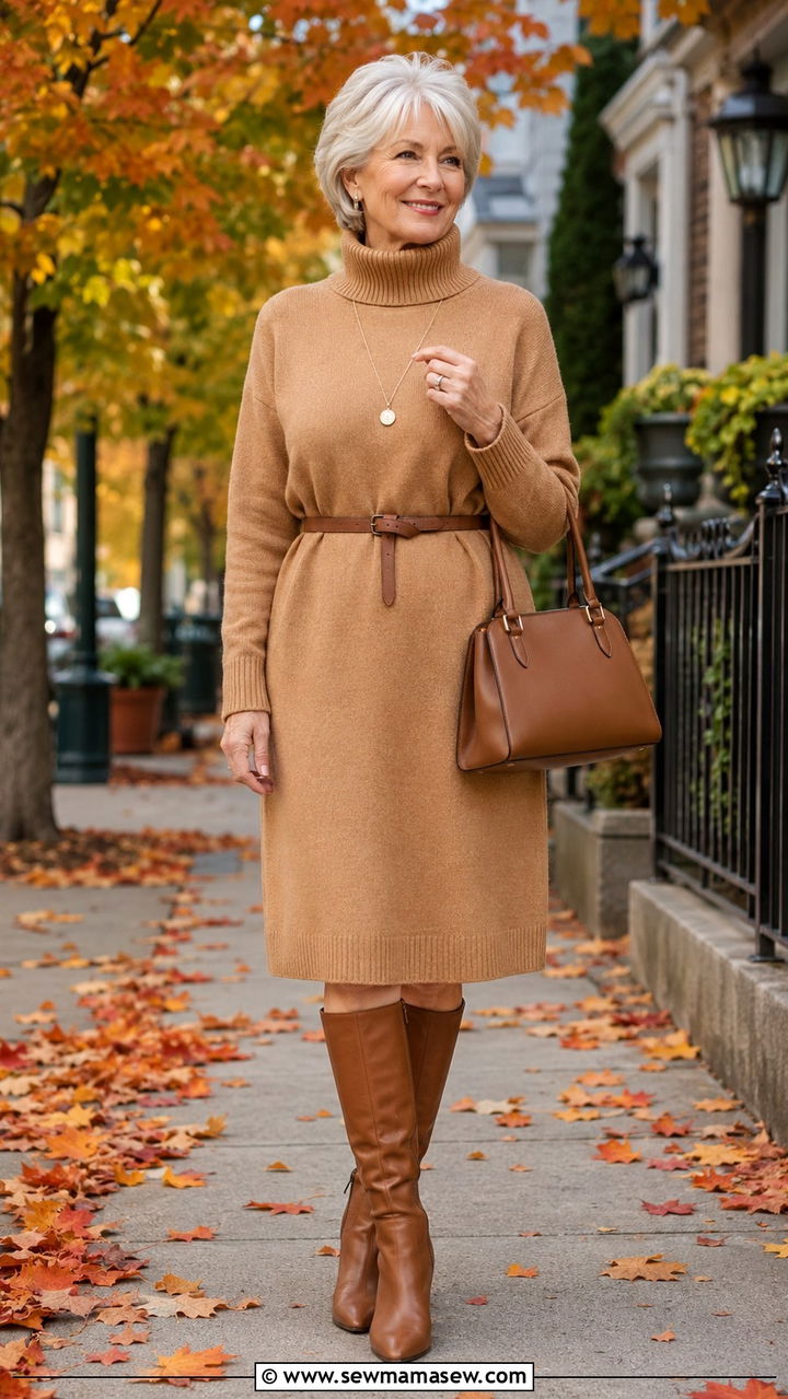 Sweater Dress with Belt and Boots - 30 Outfit ideas for boomer women