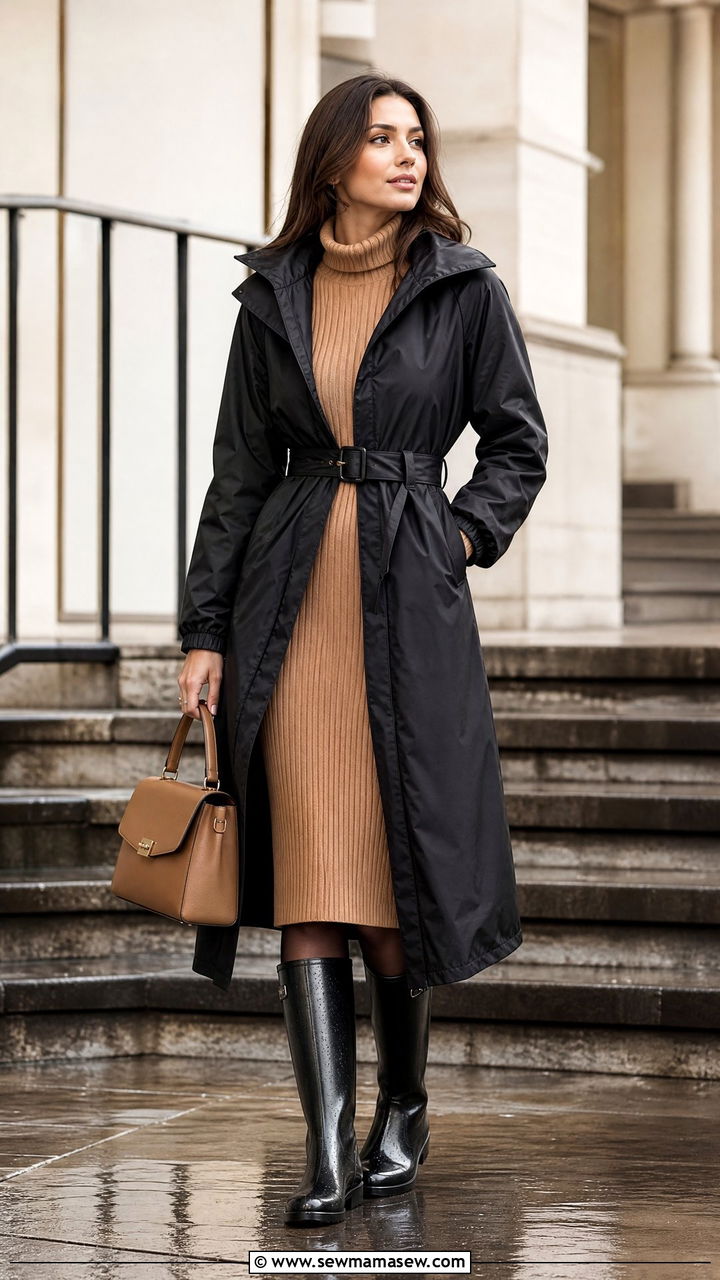 Sweater Dress with Belted Raincoat and Knee High Waterproof Boots - 30 summer rainy day outfit ideas