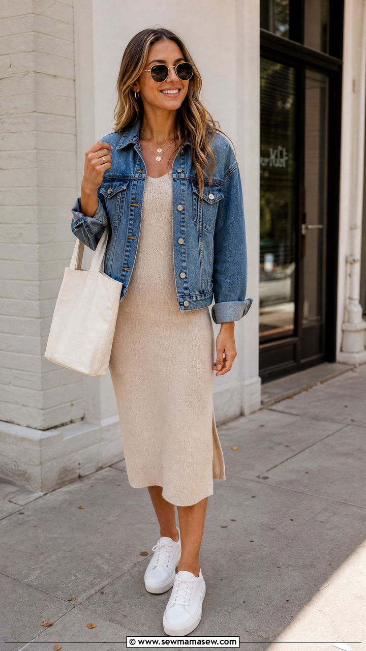 Sweater Dress with Denim Jacket - 25 chic sweater dress outfit ideas