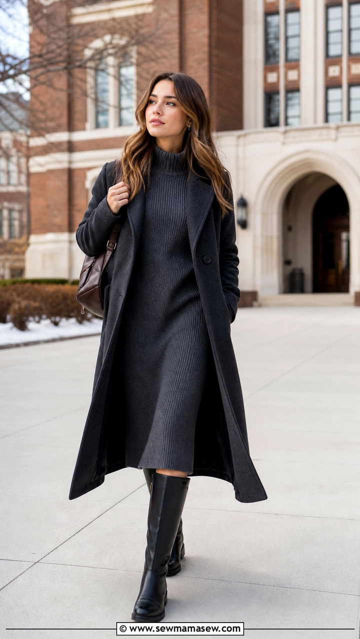 Sweater Dress with Knee High Boots - 35 Back to school outfit ideas 2026