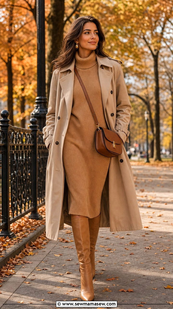 Sweater Dress with Knee High Boots and Trench Coat - 25 classy outfits for modest women