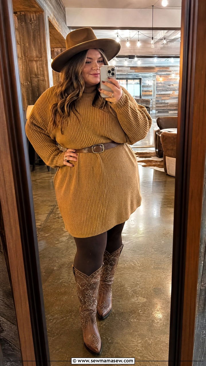Sweater Dress with Knee High Cowboy Boots - 30 Country concert outfit ideas plus size