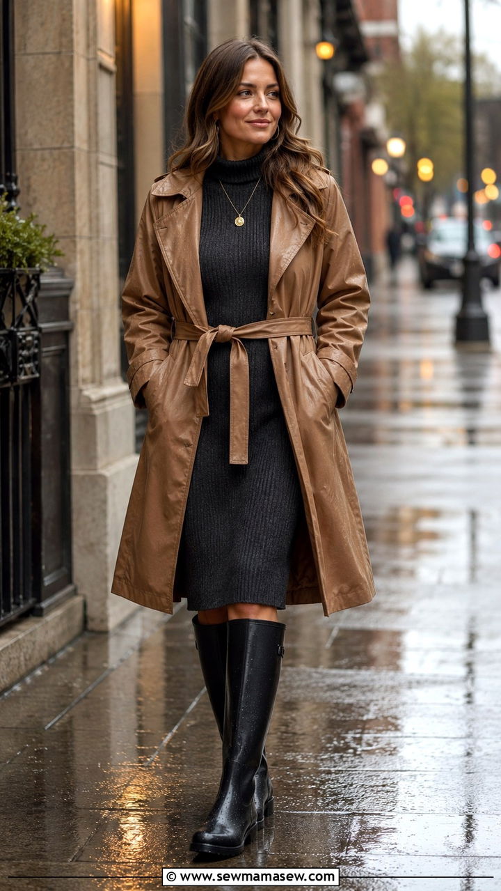 Sweater Dress with Knee High Waterproof Boots - 30 transitional rainy day outfit ideas