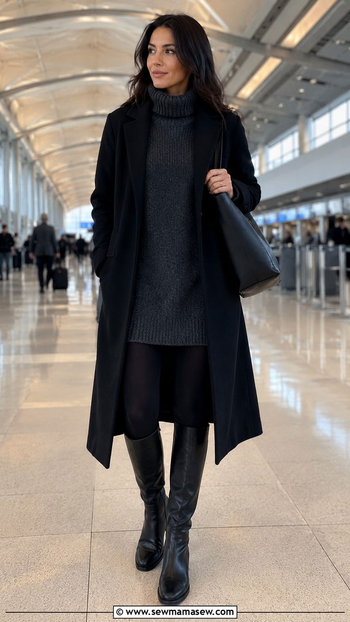 Sweater Dress with Leggings and Knee High Boots - 25 Airport outfit ideas for 12 hour flight