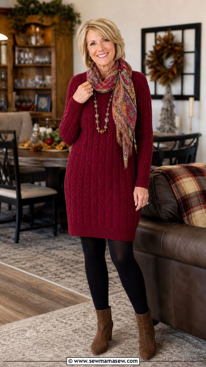 Sweater Dress with Opaque Tights and Ankle Boots - 25 Family reunion outfit ideas for women over 50