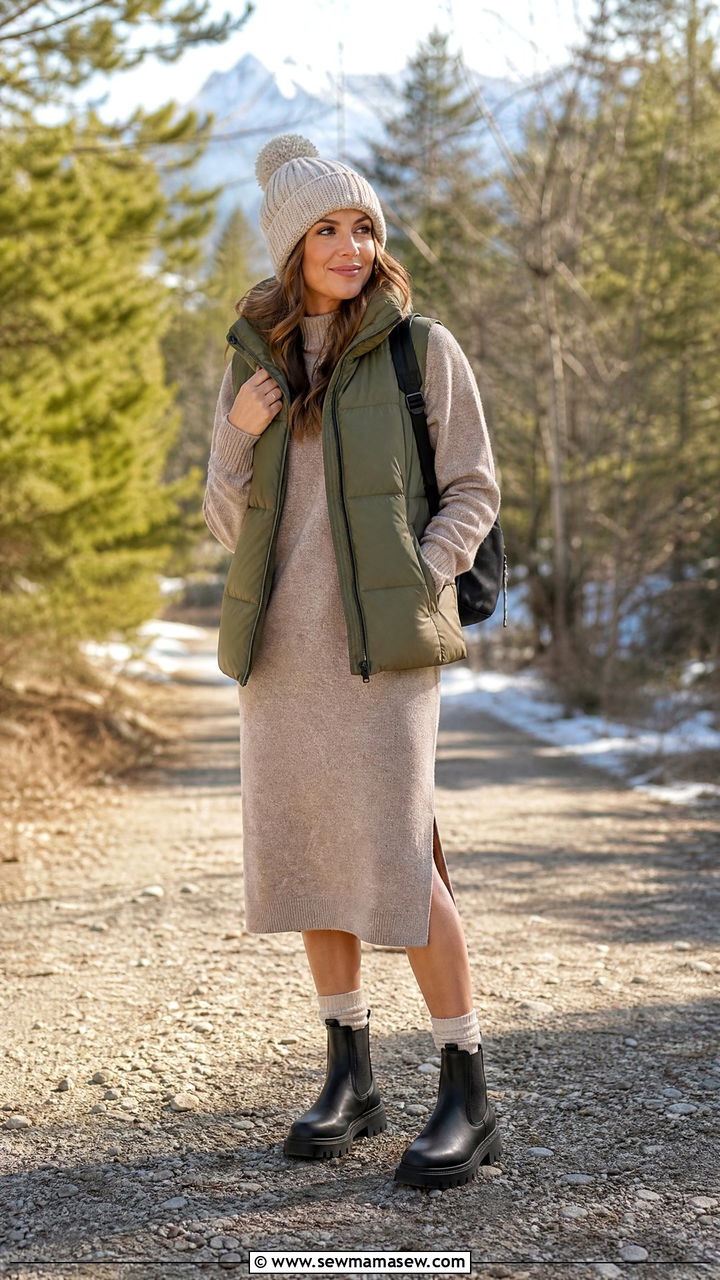Sweater Dress with Puffer Vest - 25 chic sweater dress outfit ideas