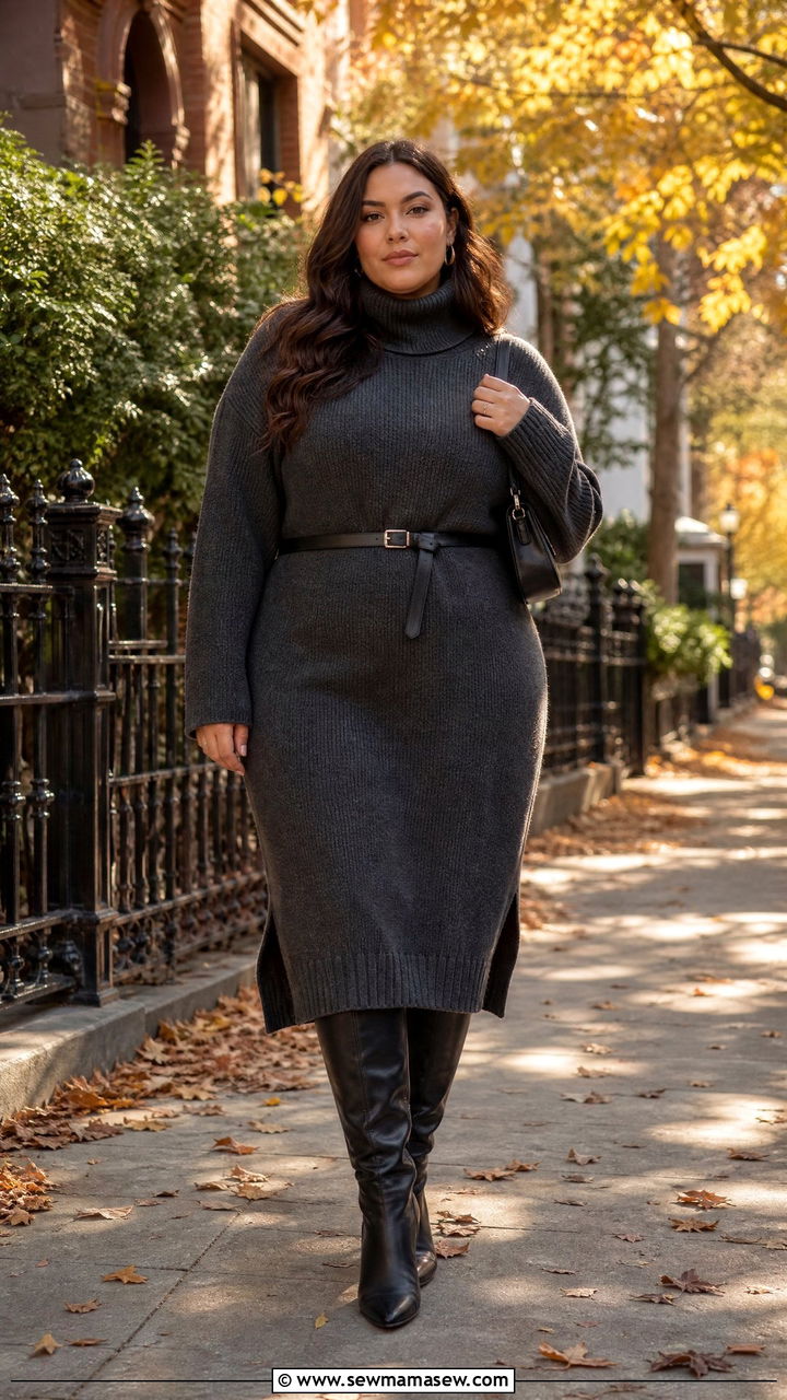 Sweater Dress with Tall Boots for Wide Hips - 25 casual outfits for women with wide hips