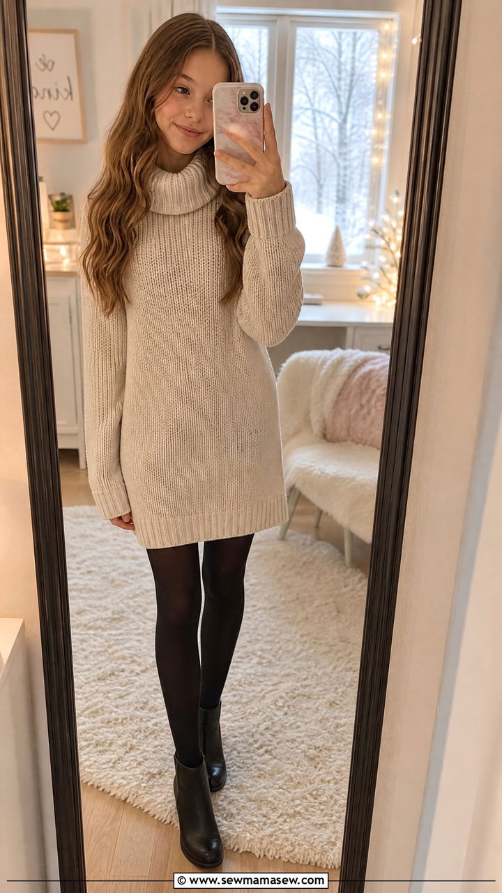 Sweater Dress with Tights Winter Outfit for Tweens - 25 Tween outfit ideas for 11 year olds