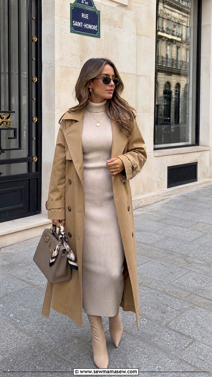 Sweater Dress with Trench Coat - 25 chic sweater dress outfit ideas
