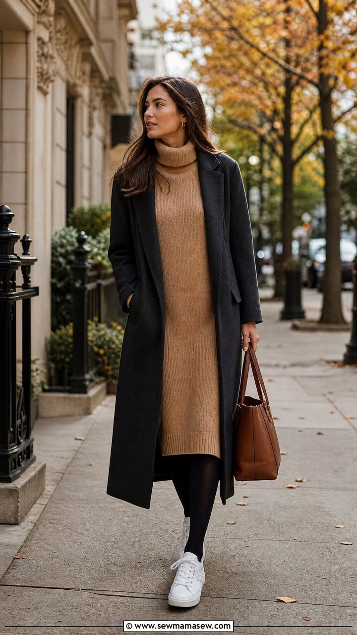 Sweater Dress with White Sneakers for the Office - 25 How to style white sneakers for work