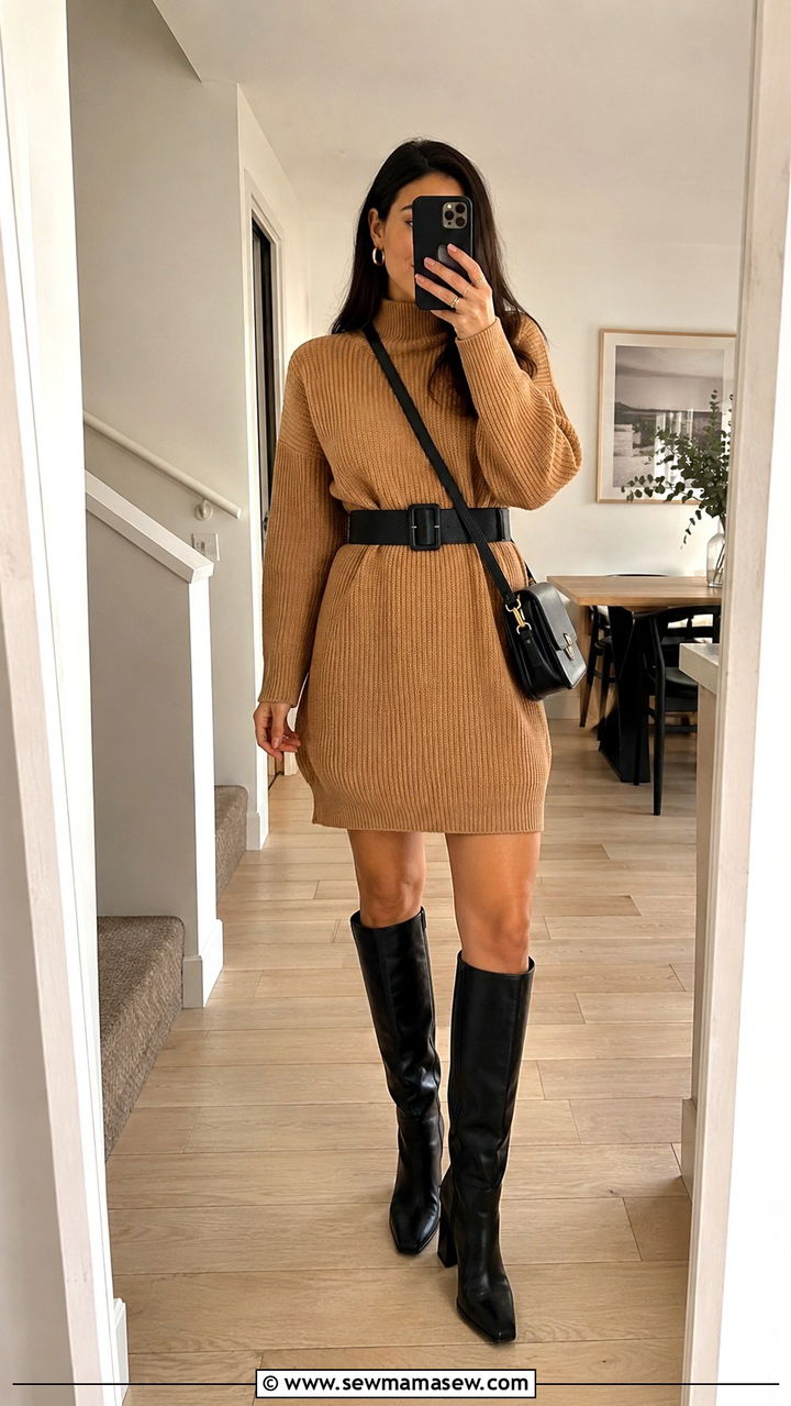 Sweater Dress with Wide Belt and Knee Boots Outfit - 20 Outfit ideas for rectangle body to create curves