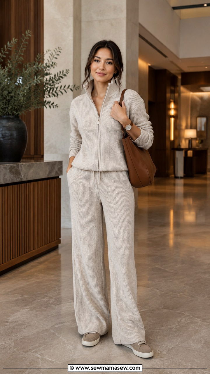 Sweater Jacket and Wide Leg Pants Set - 30 Travel outfits for petite women
