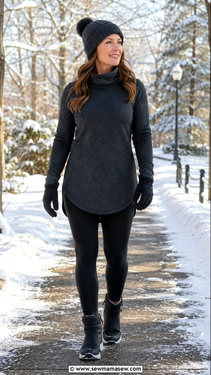Sweater Knit Leggings With Tunic Top and Weatherproof Boots - 30 Gym outfit ideas for women over 40