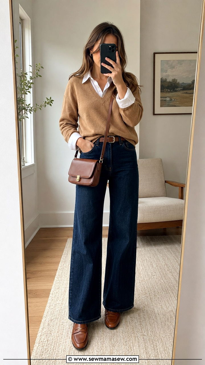 Sweater Layered Over a Button Up Shirt With Wide Leg Jeans - 25 Wide leg jeans outfit ideas with a sweater