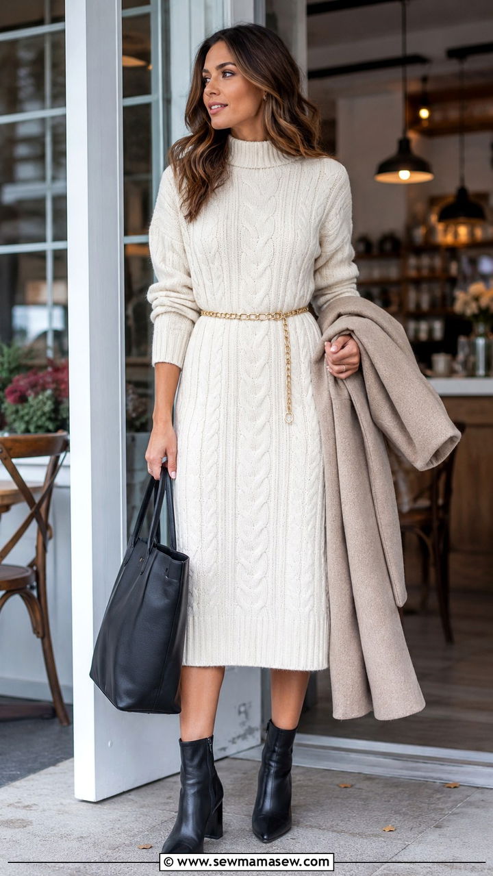 Sweater Midi Dress with Chain Belt and Heeled Ankle Boots - 30 Midi dress outfit ideas with a belt